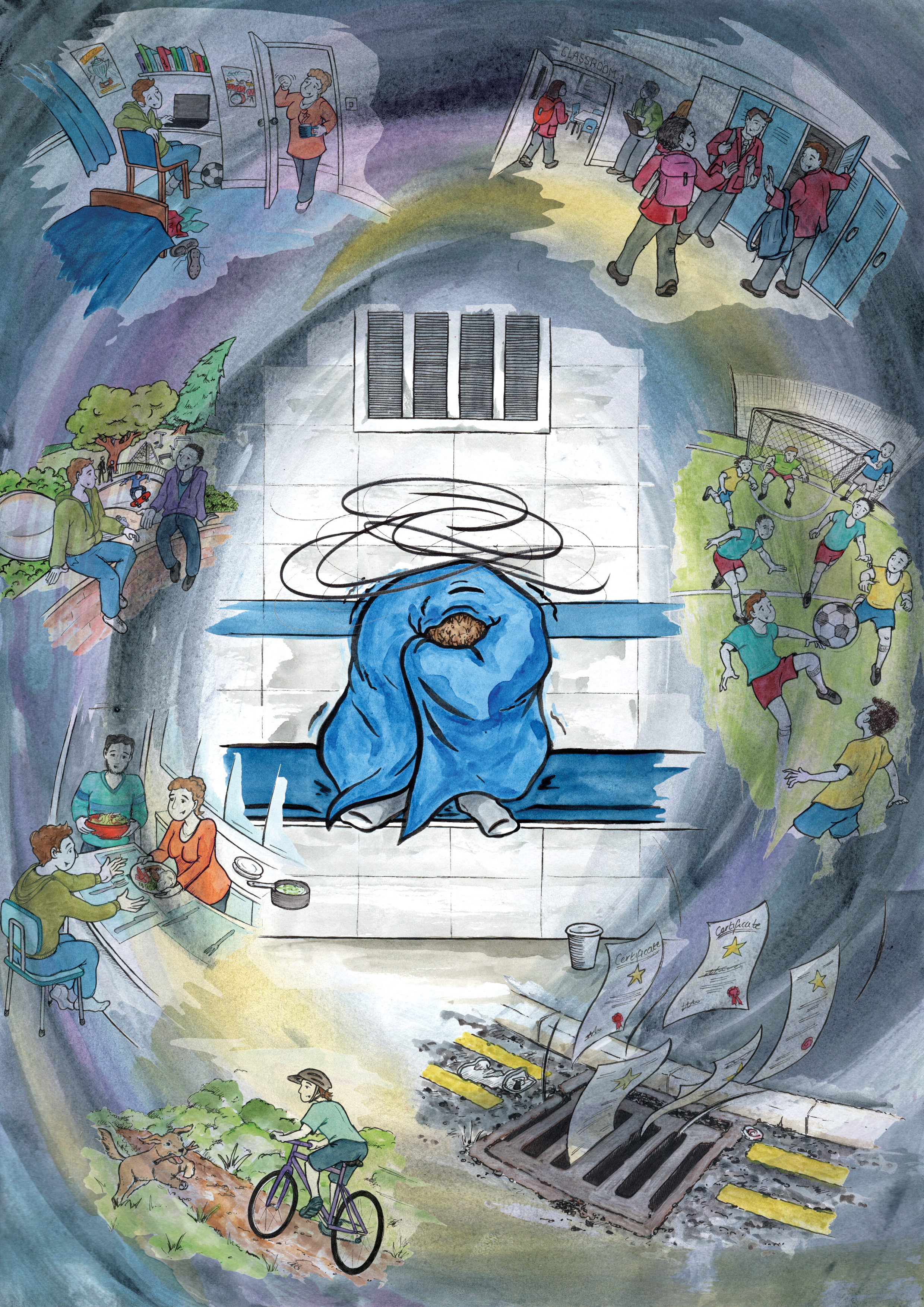 Illustration artwork to depict child's thoughts while being detained in police custody