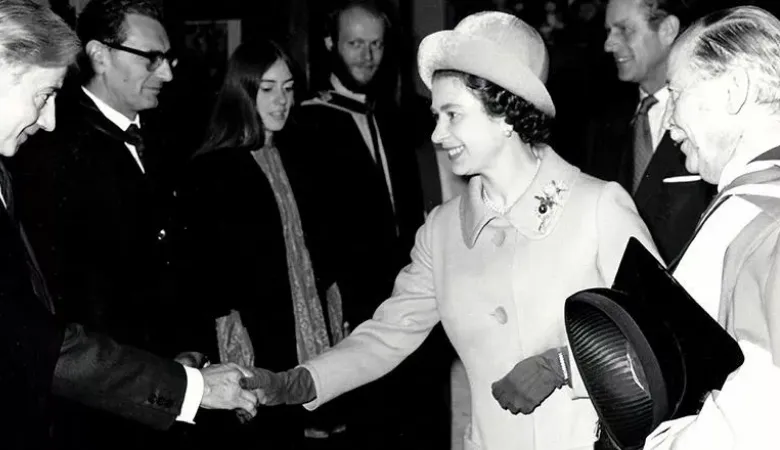 Photograph of The Queen and Prince Philip meeting guests at the opening of the Strand Building in 1972. Image: King's College London Archives.