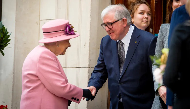 Image of HM The Queen meeting former principal Sir Ed Byrne at the opening of Bush House.