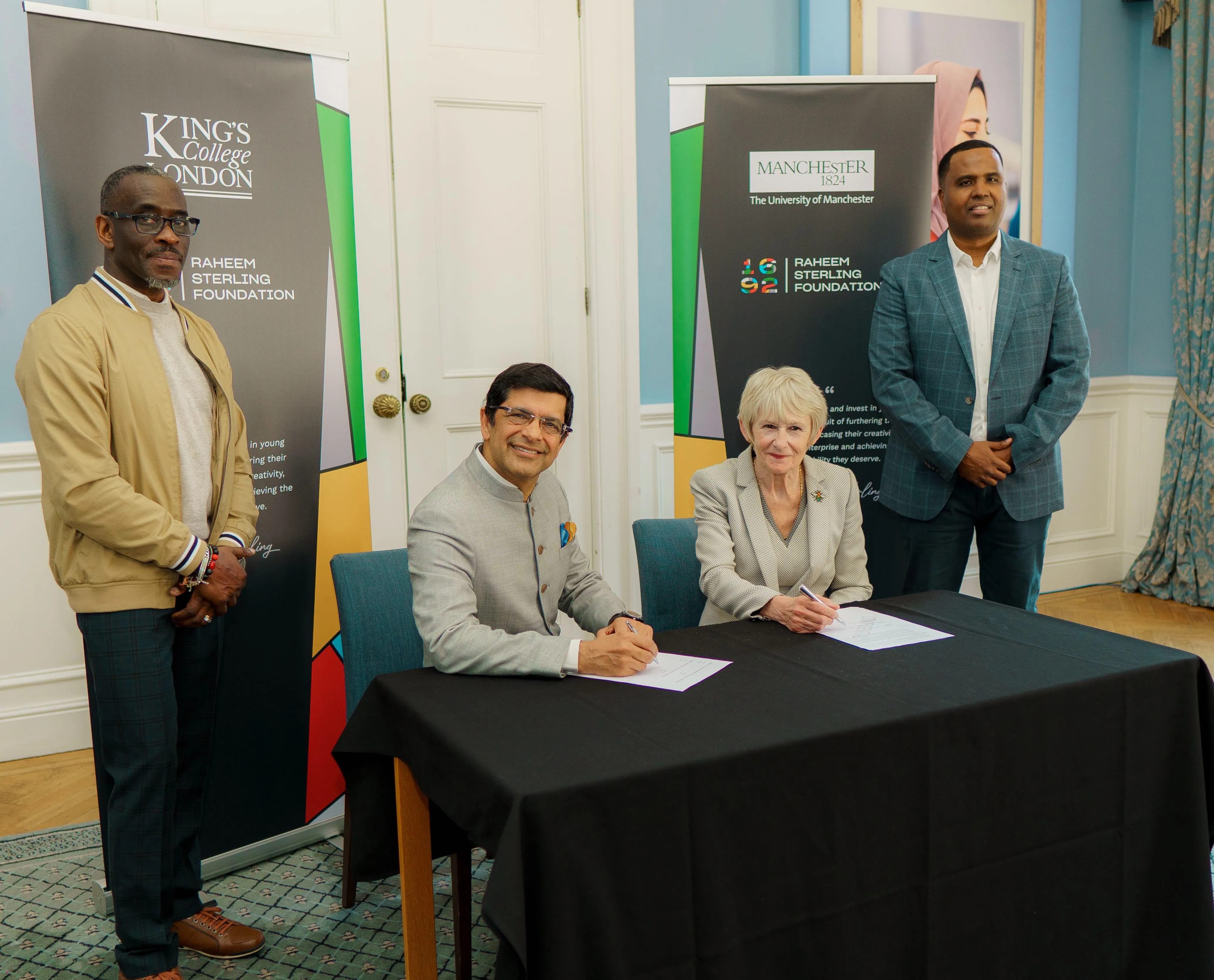 Clive Ellington, Professor Shitij Kapur, Professor Dame Nancy Rothwell, Abdi Farah announcing the Raheem Sterling Foundation partnership last year