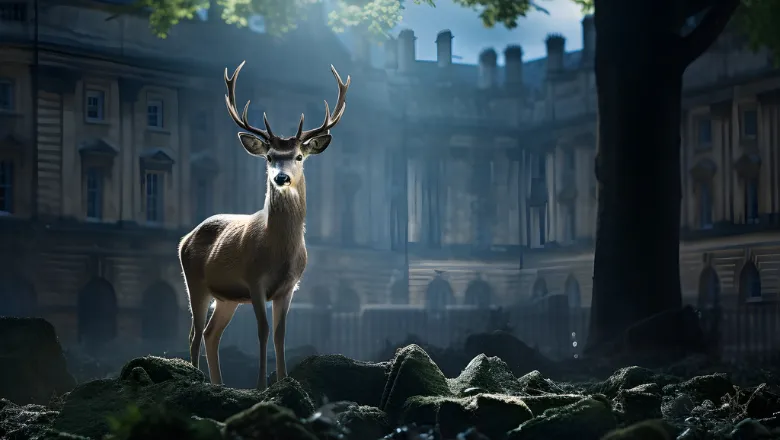 A stag stands in a pool of light to the left of the image. The floor is rocky, to the right is a tree trunk and in the background a dimly lit grand building. 