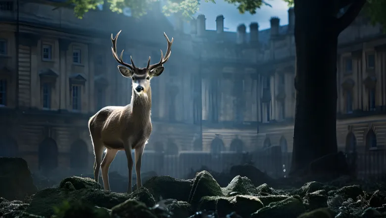 A stag stands in a pool of light to the left of the image. The floor is rocky, to the right is a tree trunk and in the background a dimly lit grand building.