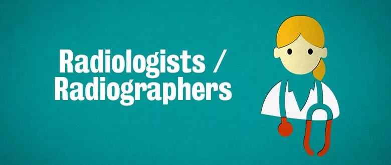 Radiologists and radiographer icon with red stethoscope and text Radiologists / Radiographers