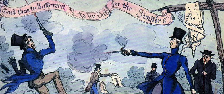 A 19th-century cartoon showing the duel between the Duke of Wellington and the Earl of Winchilsea.