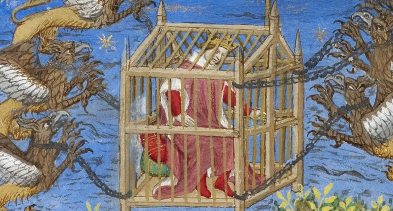 Image of a medieval King in a cage with dragons surrounding it