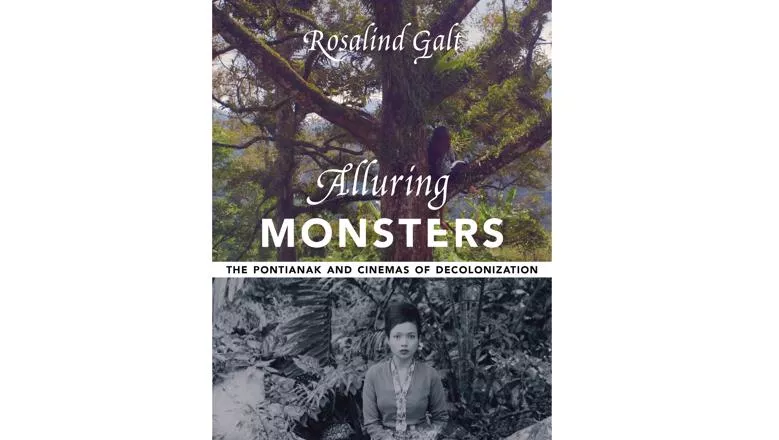 Image of the book cover with a coloured figure on a tree in the top half and a woman in the shrubs on the bottom half in black and white 