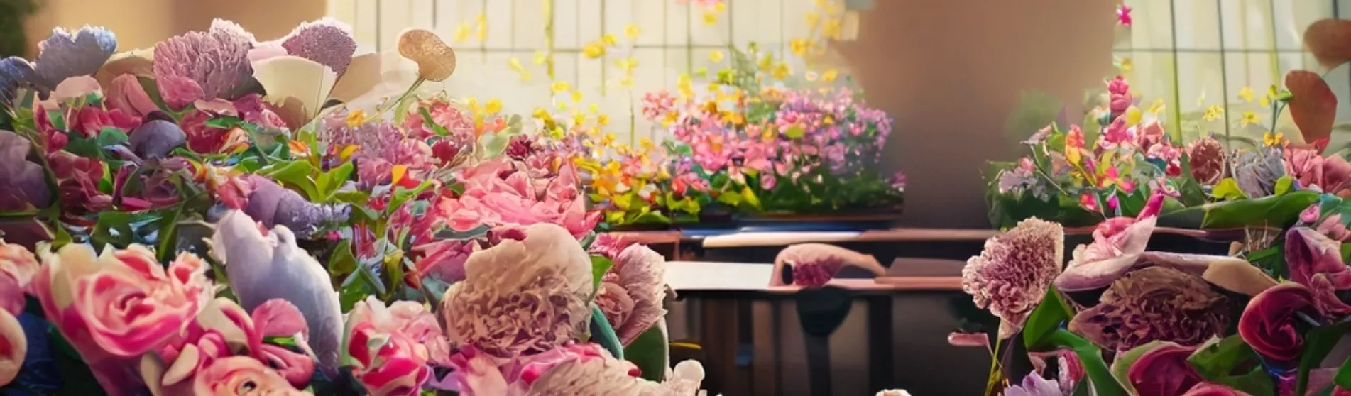 Flowers overflowing on classroom desks