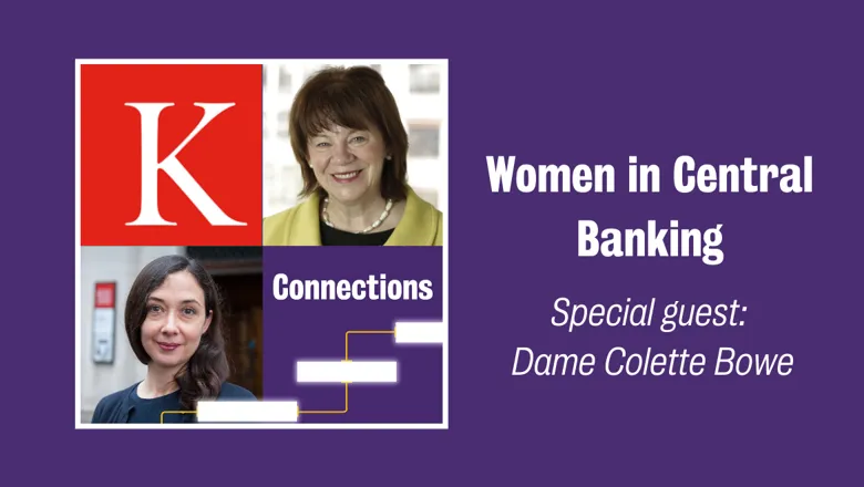 Women in Central Banking image with purple background and picture of two women next to red K for king's logo.