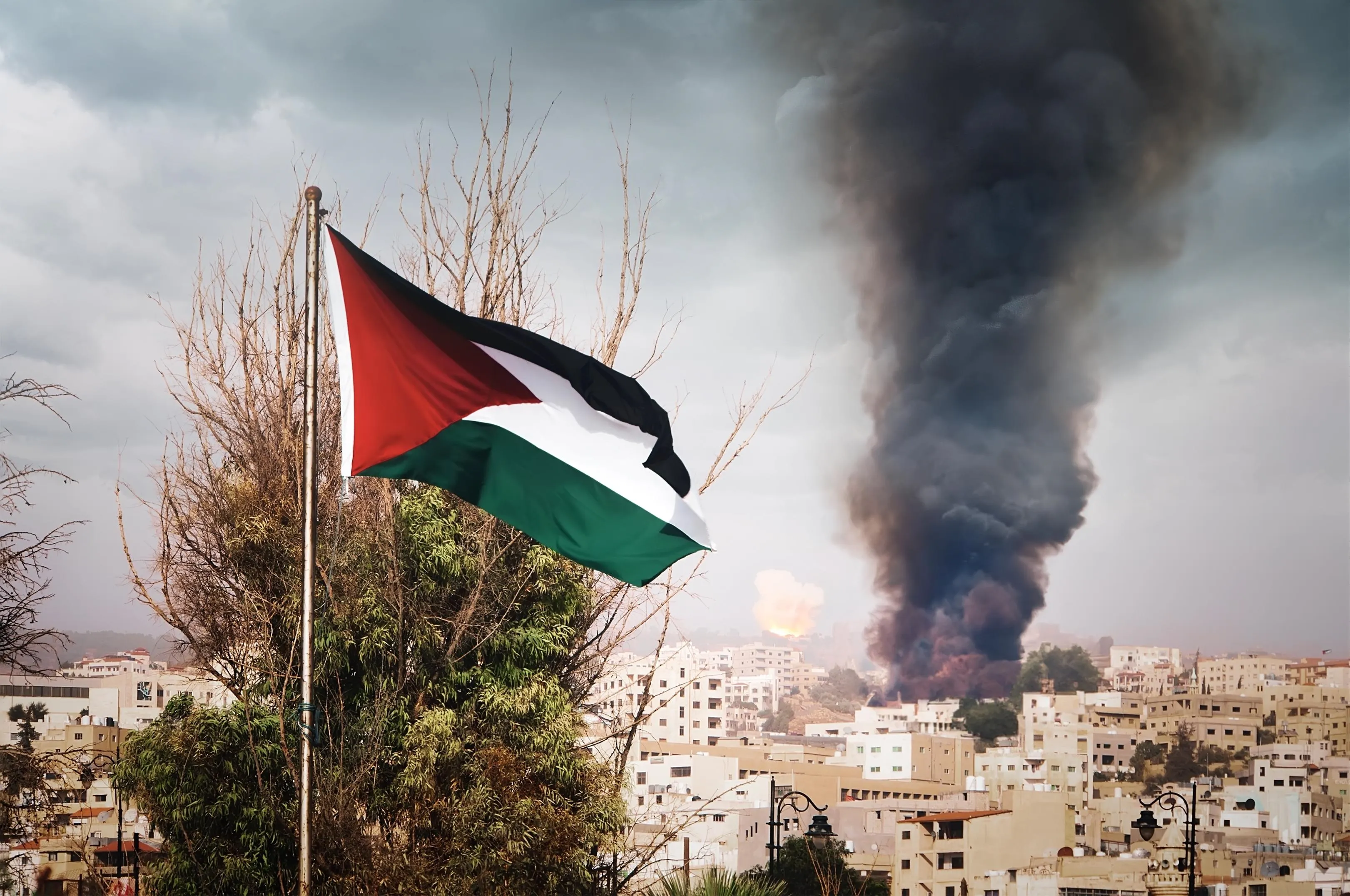 Palestine flag with smoke in background
