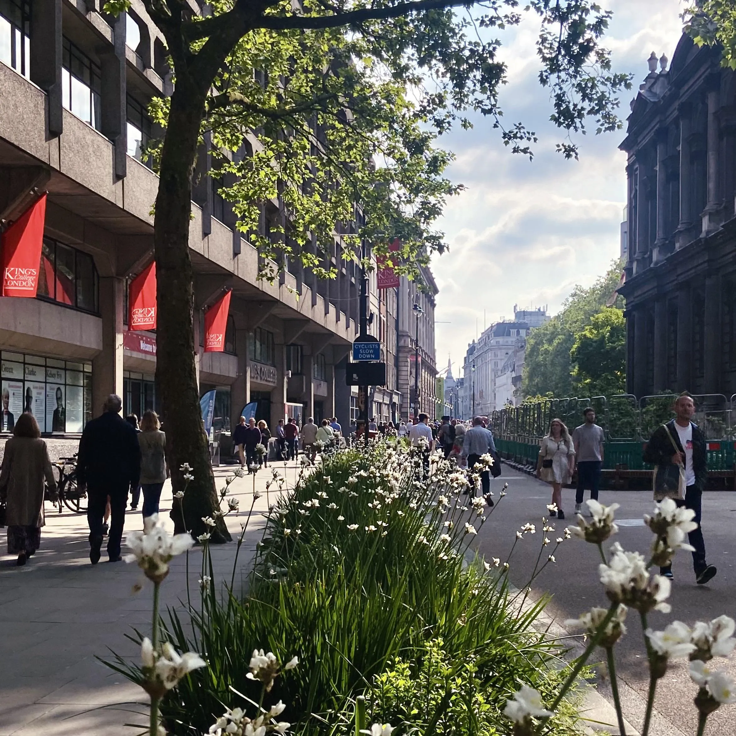 A sunny photo of King's College London's Strand Campus with trees in view and people walking around.