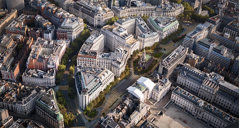 An aerial photograph of the Strand Aldwych pedestrianised area.