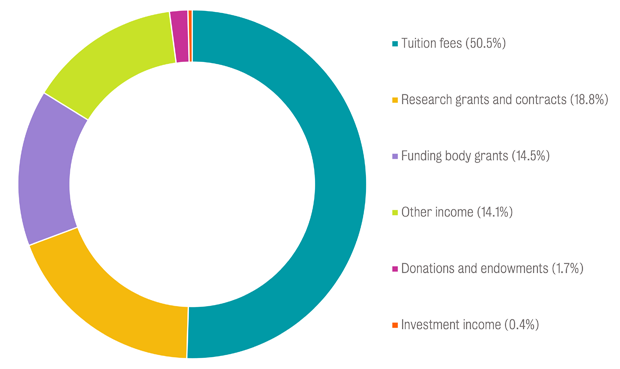 An illustrative pie chart showing where King’s derives its income from: tuition fees (50.5%), research grants and contracts (18.8%), funding body grants (14.5%), other income (14.1%) donations and endowments (1.7%), investment and income (0.4%).