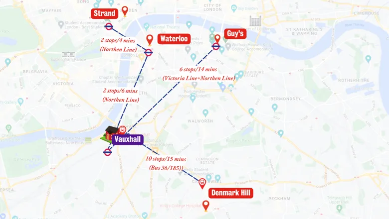 suggested commuting routes from Vauxhall to your campus