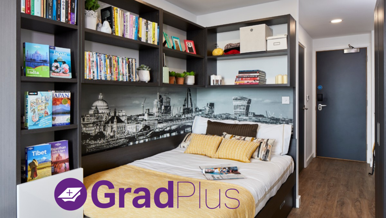 Vauxhall Bedroom and bookcase with GradPlus Logo