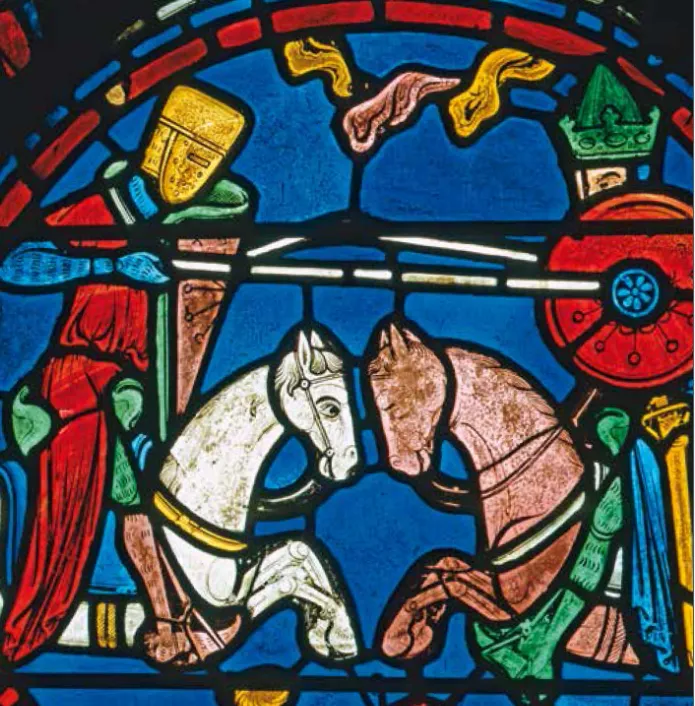 Image of a stained glass window featuring to knights on horses at battle.
