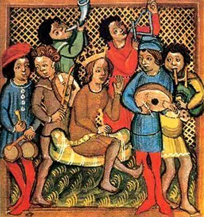 Image of group from Medieval ages playing various instruments. 