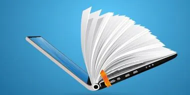 Image of an open laptop with pages inside like a book