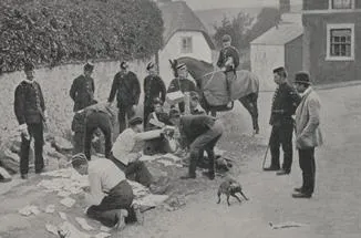 Black and White image of a group of men in Europe looking at pages