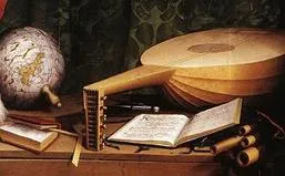 Image of a tempest study, featuring a globe, book, and guitar. 