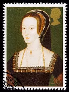 The image shows a postage stamp with an image of Anne Boleyn