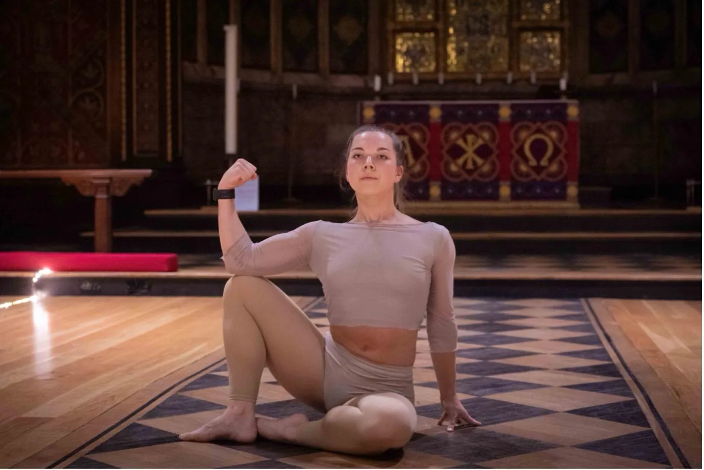 Feedback Loops performance in the King’s Chapel, dancer Anna Spink. Image: Nathan Clarke Photography