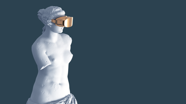 A modified version of Venus de Milo statue with a golden VR headset