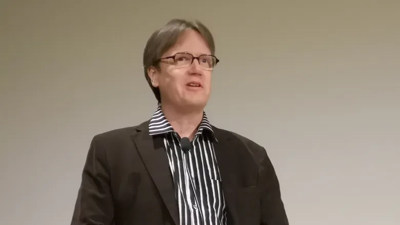 Professor Ville Pulkki speaking at the AES Europe Spring 2023 Convention (Audio Engineering Society 154th International Convention), Dipoli, Aalto University, Espoo, Finland, on May 13, 2023