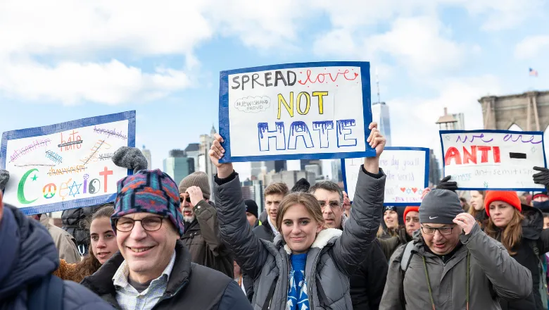 Thousands of people participate in No Hate, No Fear Jewish Solidarity March in response to anti-semitic attacks in and around city across Brooklyn Bridge