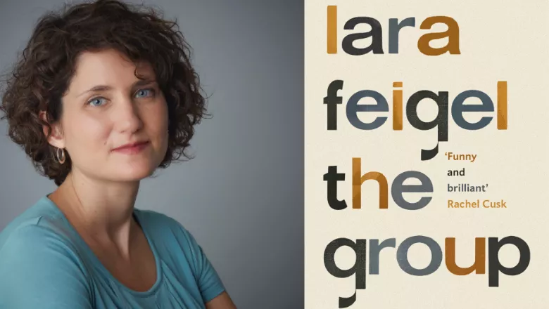 Left photo portrays Professor Lara Feigel and right photo presents a photo of the book cover, with words 'Lara Fiegel the group'