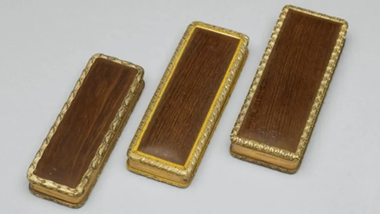 Three mulberry wood toothpick boxes, 1816 (RCINs 43894, 43895 and 45896) 1