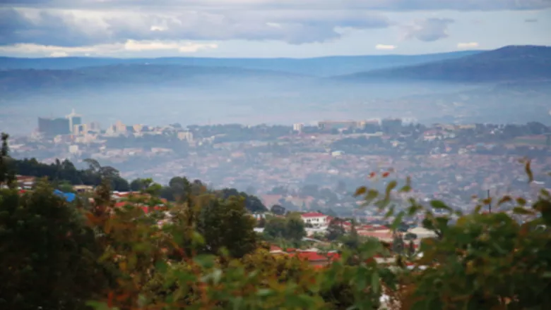 A landscape photo of Rwandan countryside.