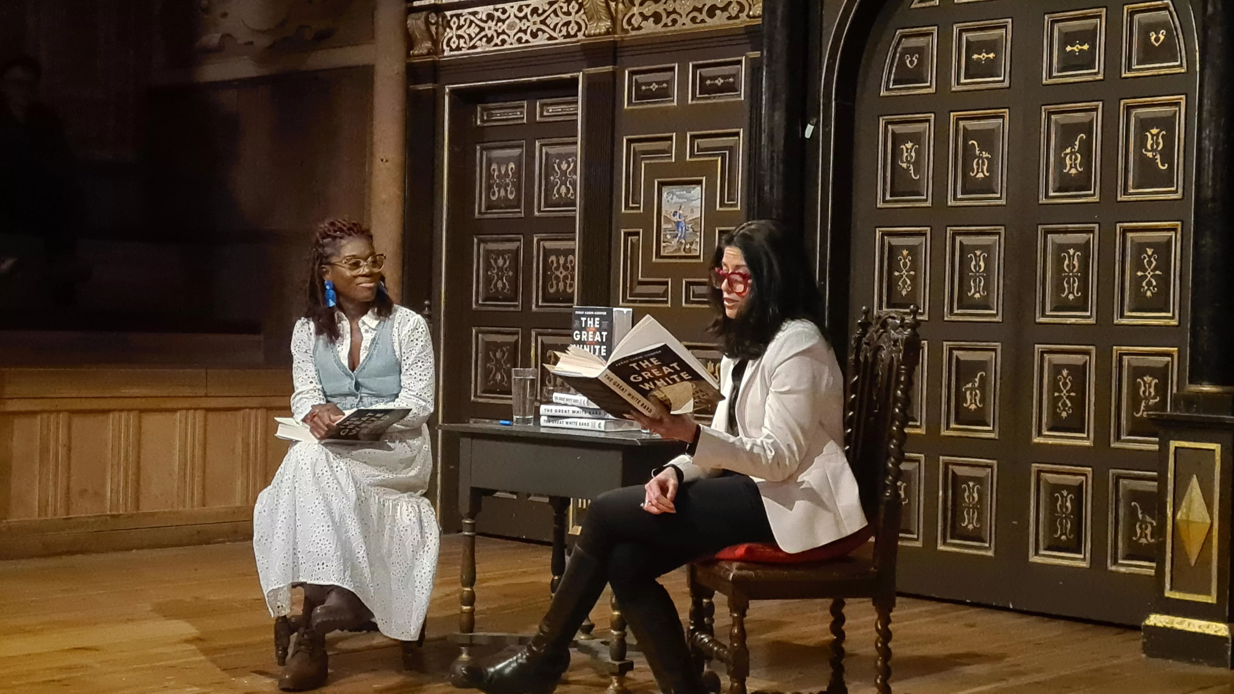 Professor Farah Karim-Cooper reading excerpts from The Great White Bard during the book launch at Shakespeare's Globe, in conversation with Akiya Henry