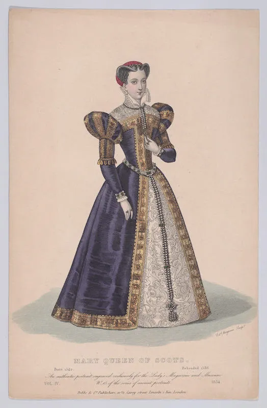 The image shows a print depicting Mary, Queen of Scots.