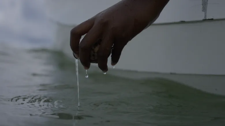 The image shows a hand above the water surface. The hand is holding a stone, and water is dripping from the fingers.