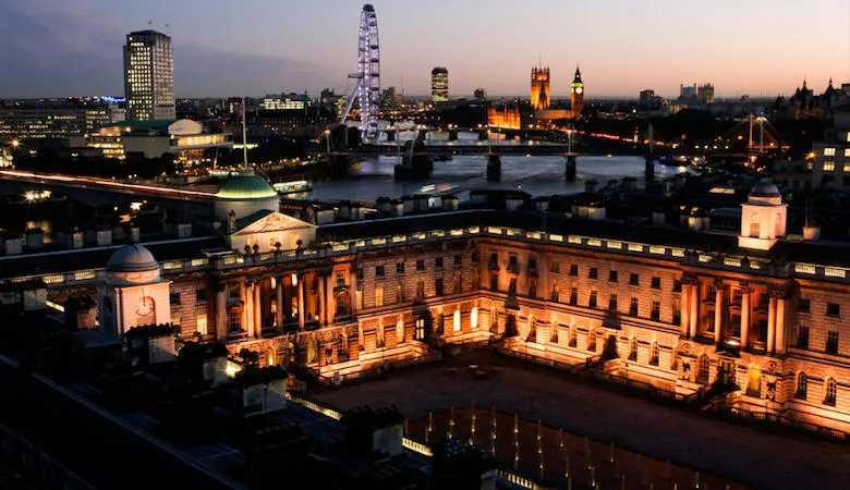 The view of the Thames from the Strand building overlooking Somerset House.