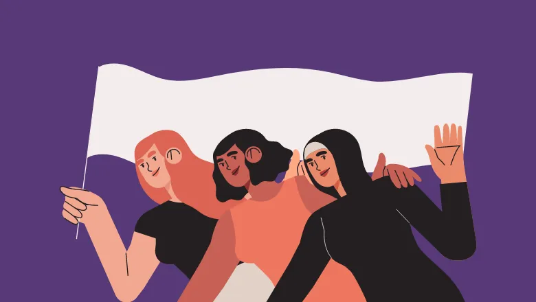Graphic including three women holding flag against purple background