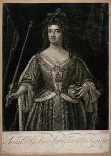 The image shows Queen Anne of Great Britain, holding an orb and a sceptre. By John Closterman, after John Faber (c. 1730)