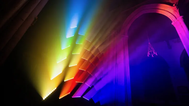 Rainbow-coloured light installation in St Mary le Strand Church.