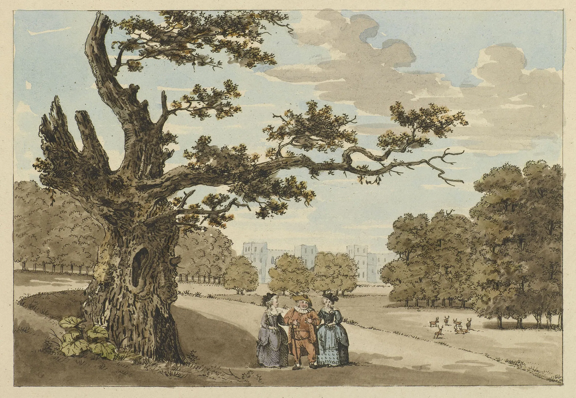 Herne's Oak, Windsor Park c. 1799. Etching with hand colouring. Source: Royal Collection Trust.