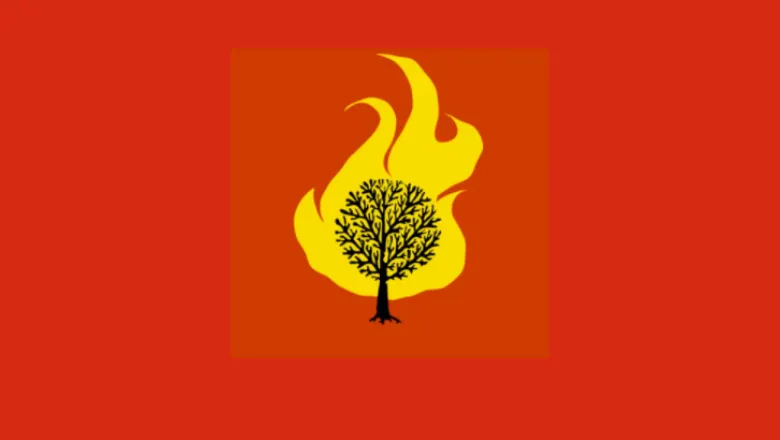 Image of the app logo featuring orange background with black tree and yellow flame