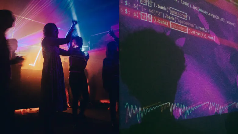 A composite image. On the left, silhouettes of people dancing in a club with laser lights. On the right, computer code is displayed on a purple background with sound waves.