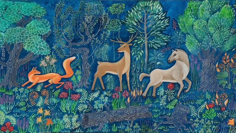 Fairy tale tapestry fox deer horse