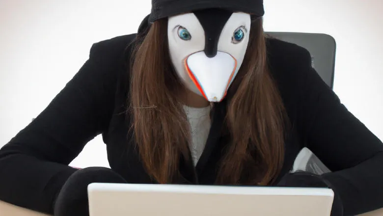 A human using a computer, trying to disguise itself as a penguin DALLE