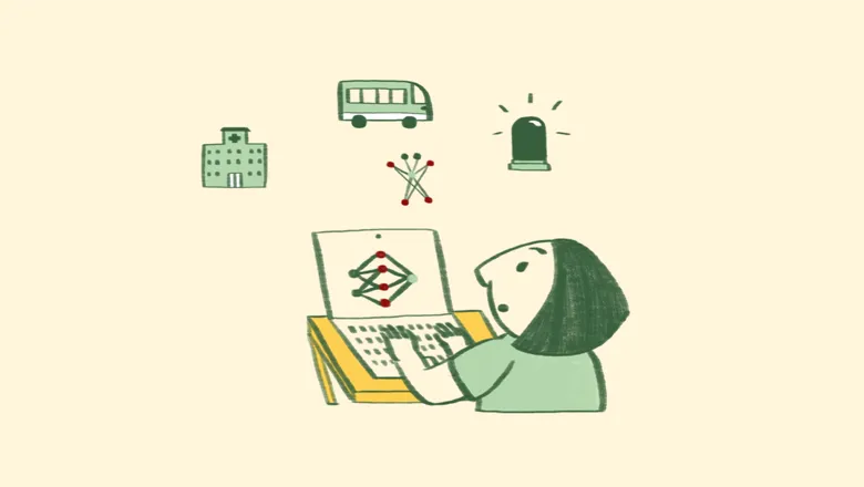 A person with their hands on a laptop keyboard is looking at something happening over their screen with a worried expression. They are white, have shoulder length dark hair and wear a green t-shirt. The overall image is illustrated in a warm, sketchy, cartoon style. Floating in front of the person are three small green illustrations representing different industries. On the left is a hospital building, in the middle is a bus, and on the right is a siren with small lines coming off it to indicate that it is flashing or making noise. Between the person and the images representing industries is a small character representing artificial intelligence made of lines and circles in green and red (like nodes and edges on a graph) who is standing with its ‘arms’ and ‘legs’ stretched out, and two antenna sticking up. A similar pattern of nodes and edges is on the laptop screen in front of the person, as though the character has jumped out of their screen.