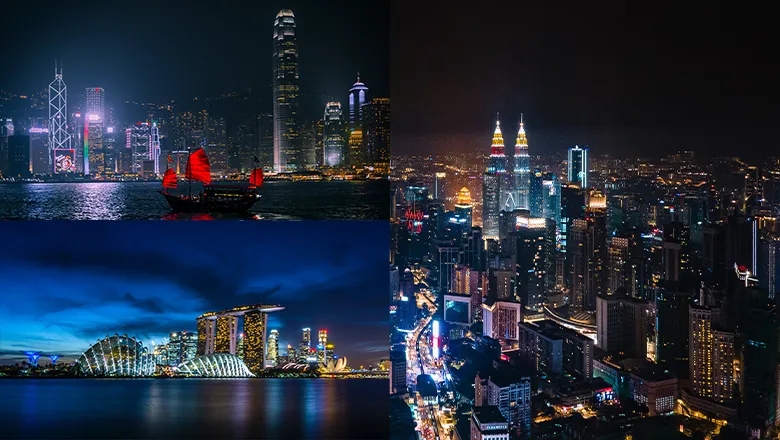 A trio of images showing the skylines of Hong Kong, Singapore and Kuala Lumpur at night.
