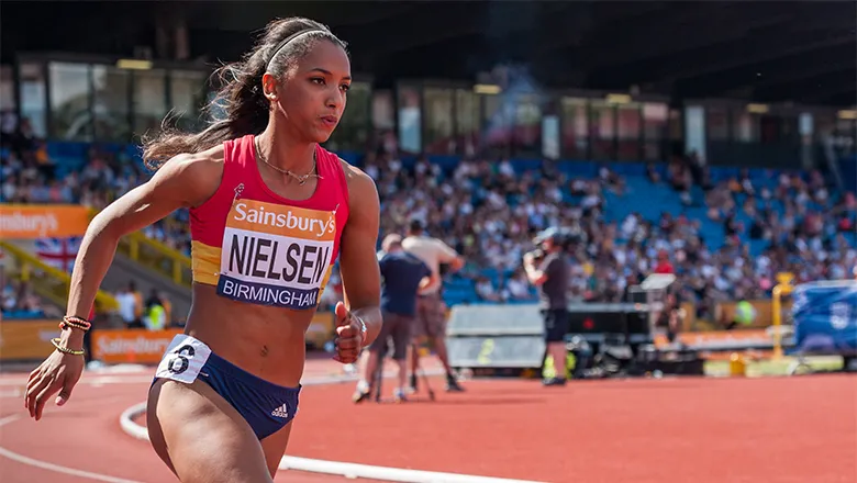 Laviai Nielsen is pictured running at a competitive running event