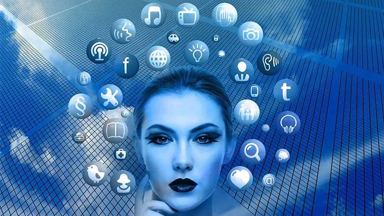 Avatar human with social media logos around her face