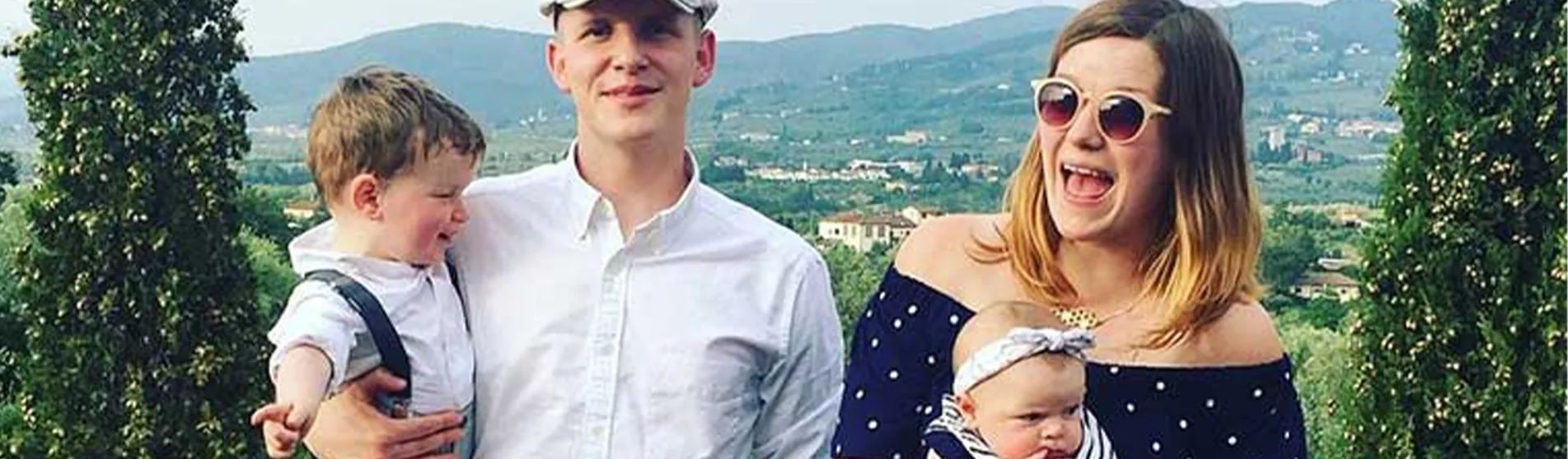 Hazel Reynolds with her young family and partner in somewhere that looks like Italy.