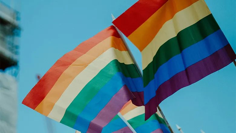 Two LGBTQI+ flags wave against the backdrop of a blue sky.