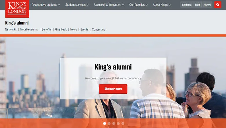 Image of the new King's alumni website homepage